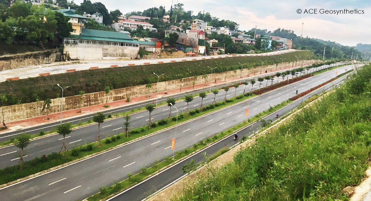 ACEGrid® Reinforced Embankment, South Route of the New Urban Area in Cao Bang City, Vietnam